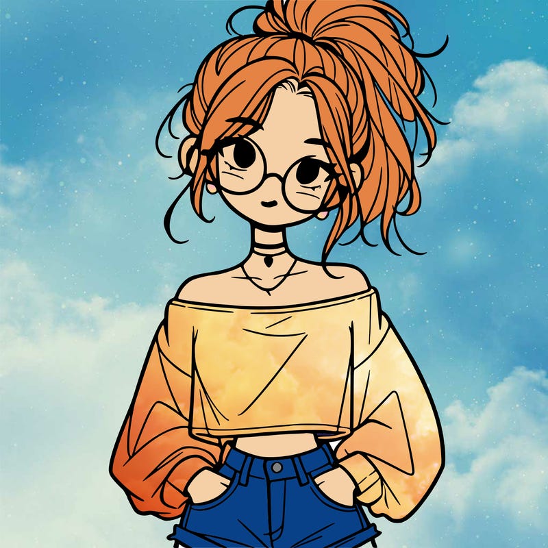 girl with a messy ponytail glasses a baggy crop top and jean shorts