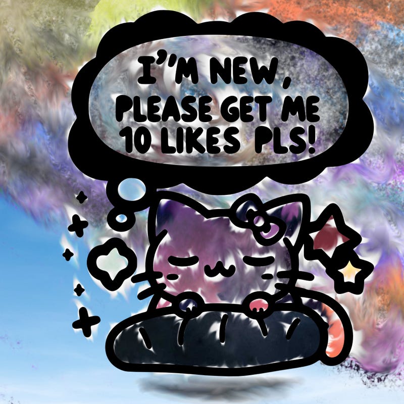 kitty taking a nap dream talking and saying "i'm new, please get me at least 10 likes pls!!"