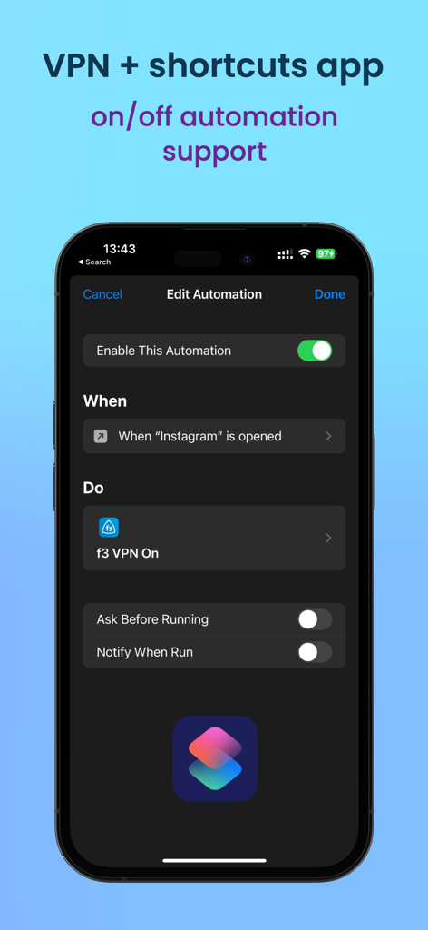 f3 vpn - simple VPN - Tela de Atalhos do iOS mostrando a conexão automática do f3 VPN ao abrir o Instagram