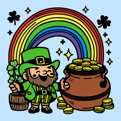 st patrick day with rainbow and gold with leprechaun