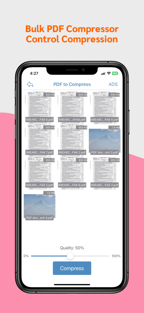 pdf compressor & compress pdf - Bulk PDF compressor app screen with quality slider and multiple files