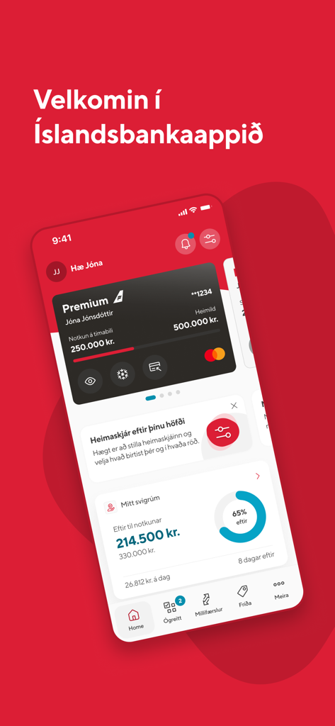 Screenshot of the Islandsbanki mobile app dashboard showing a premium card and spending status