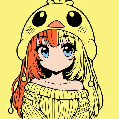 anime girl with chick shaped hat with sweater with bare shoulders with bangs covering them one eye with low tail