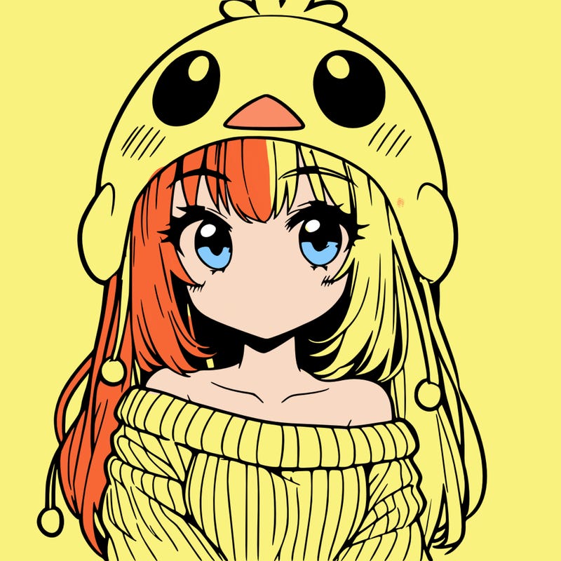 anime girl with chick shaped hat with sweater with bare shoulders with bangs covering them one eye with low tail