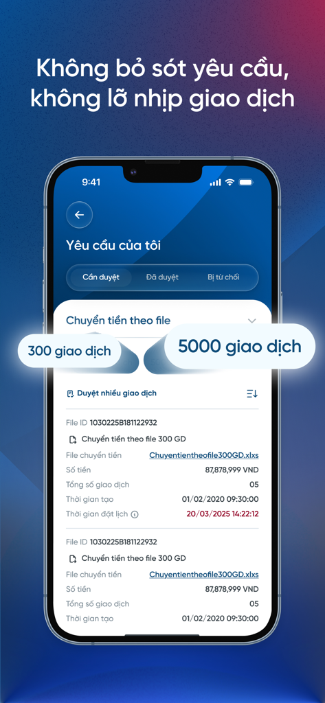 VietinBank eFAST One - Pantalla de la aplicación VietinBank eFAST One que muestra el procesamiento de transferencias por lotes y el panel de aprobación de transacciones.