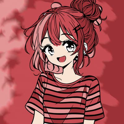 anime girl teenager striped shirt and smile and messy bun