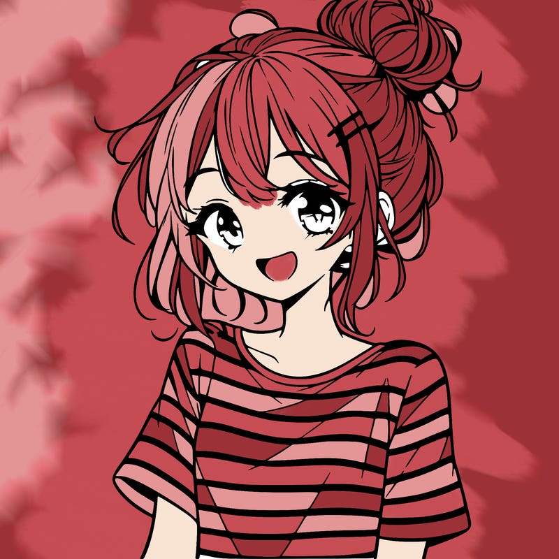 anime girl teenager striped shirt and smile and messy bun