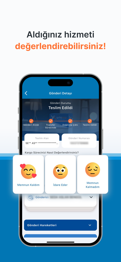 Yurtiçi Kargo - Interfaccia dell'app mobile Yurtiçi Kargo che mostra uno stato di consegna spedizione e una schermata di valutazione feedback cliente con emoji.
