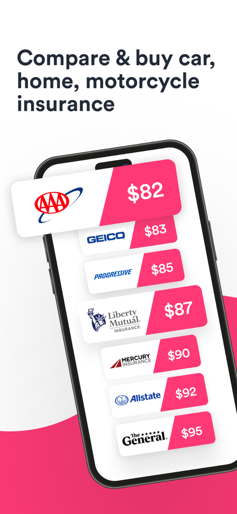 Mobile app screen showing a list of car insurance quotes from multiple providers