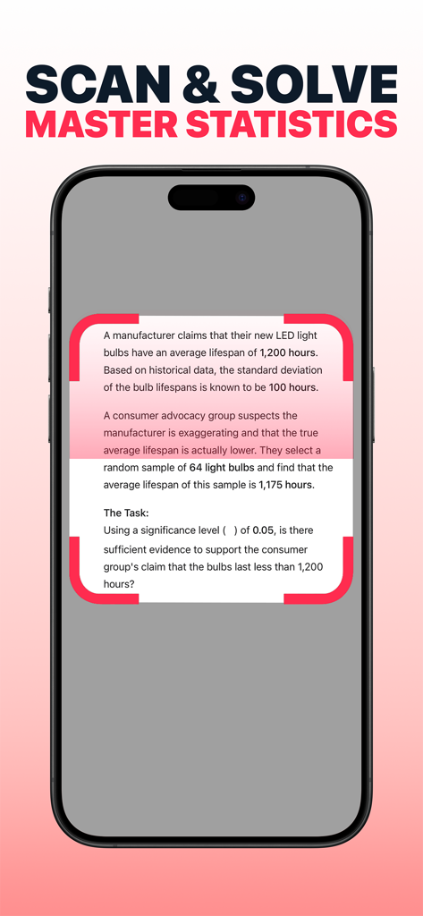 Interfaz de smartphone escaneando un complejo problema de estadística para proporcionar una solución instantánea