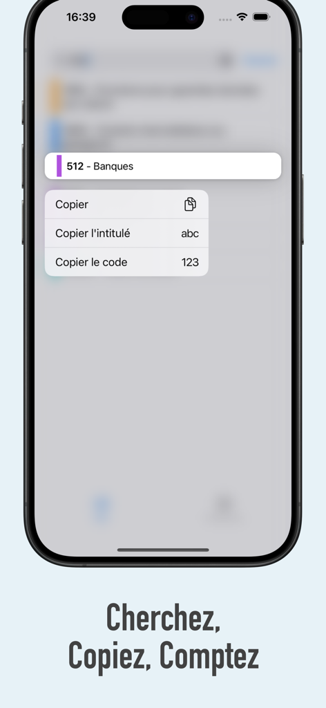 Plan Comptable Général France - Interface of the Plan Comptable General France app on iPhone showing options to copy the account code and label for 512 Banques