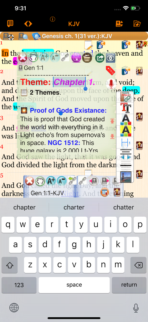 Handy Bible Pro - Handy Bible Pro app interface showing a floating rich text note window with editing tools over scripture text
