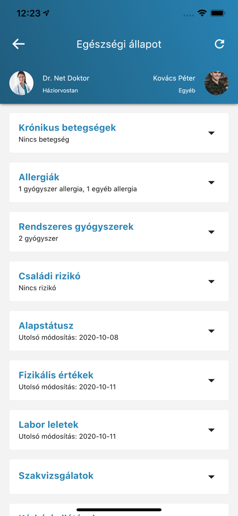 Mobile app dashboard displaying a patient medical profile summary including health status allergies and medication lists