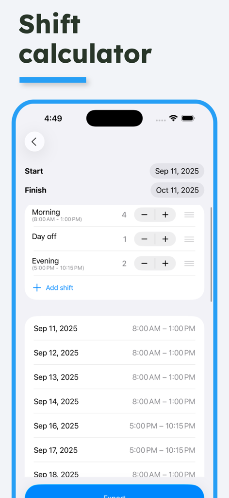 Uma tela de aplicativo móvel para uma calculadora de turnos mostrando uma lista programada de turnos de trabalho matinais e noturnos ao longo de um período de um mês.