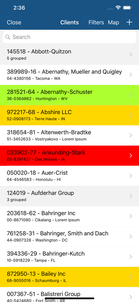 Negotti - Um banco de dados pesquisável de clientes com status codificado por cores na interface do aplicativo de vendas Negotti.