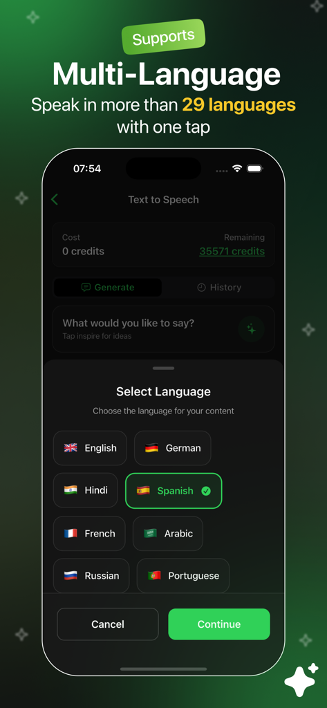 AI Voice Changer - TTS - Interface of the AI Voice Changer app displaying multi-language options for text to speech conversion.