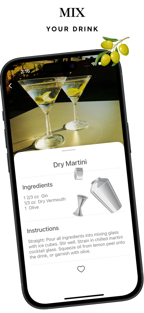재료와 지침을 보여주는 드라이 마티니 레시피 화면
