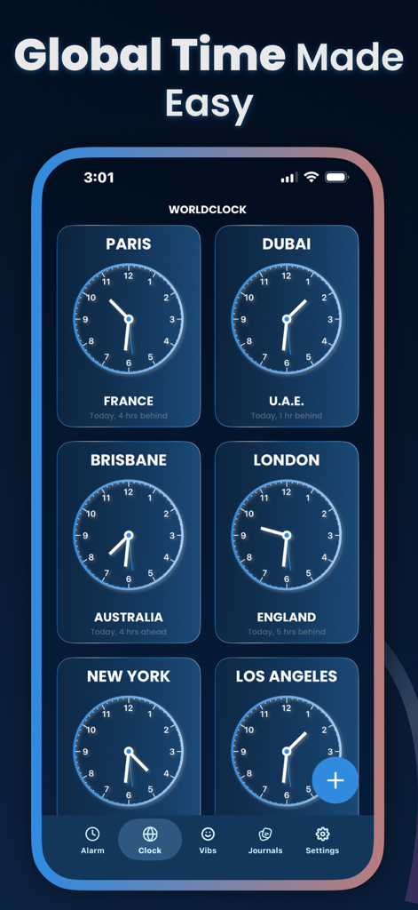 Alarm Clock Svegliare - World clock interface in the Alarm Clock Svegliare app displaying multiple time zones for major international cities.