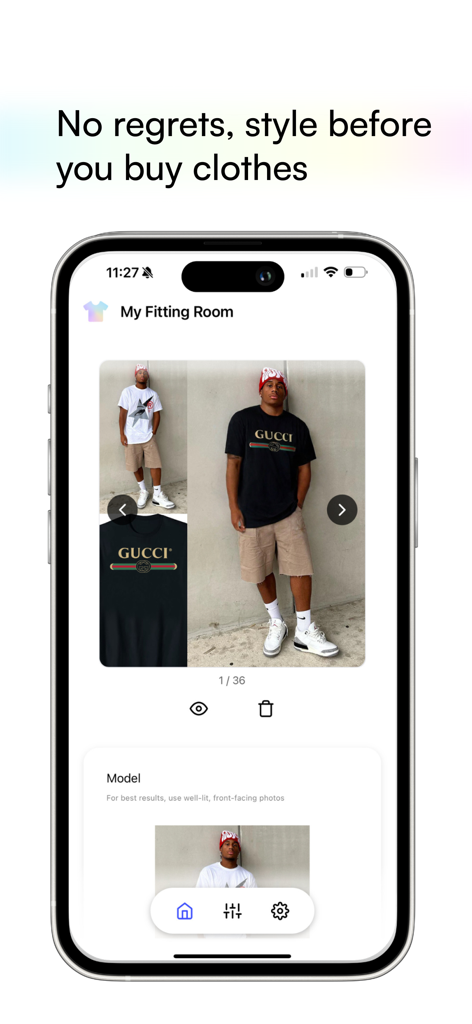 iPhone screen displaying the My Fitting Room app interface where a user can virtually try on clothes using AI