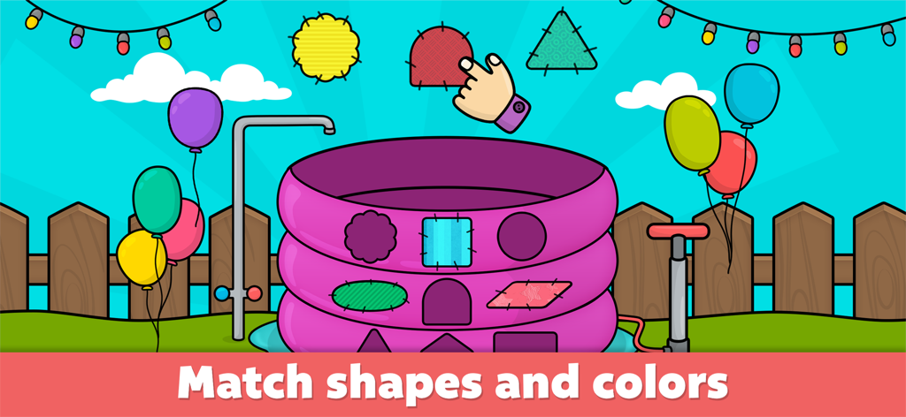 Gioco educativo per bambini che mostra una mano che abbina una forma a una piscina gonfiabile.