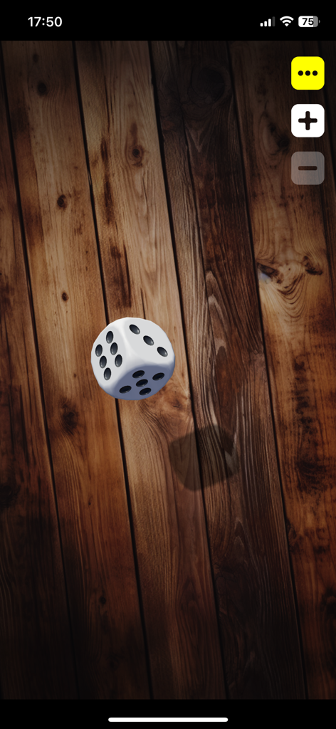 Un dado blanco 3D rodando sobre una superficie de madera en la aplicación Dice Throw Lucky Roll
