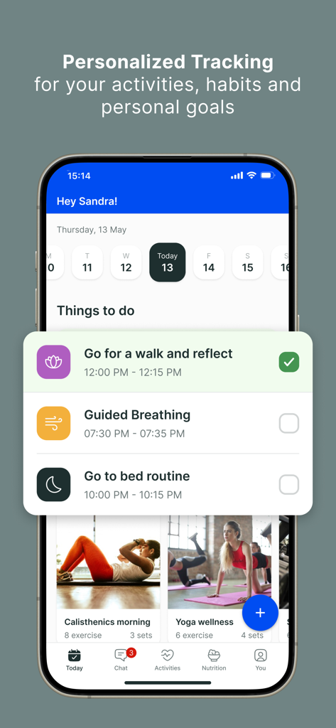 Lenus eHealth app screen displaying personalized daily activities, habits, and fitness goals tracking.
