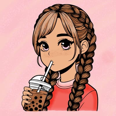 realistic girl with braided hair drinking boba