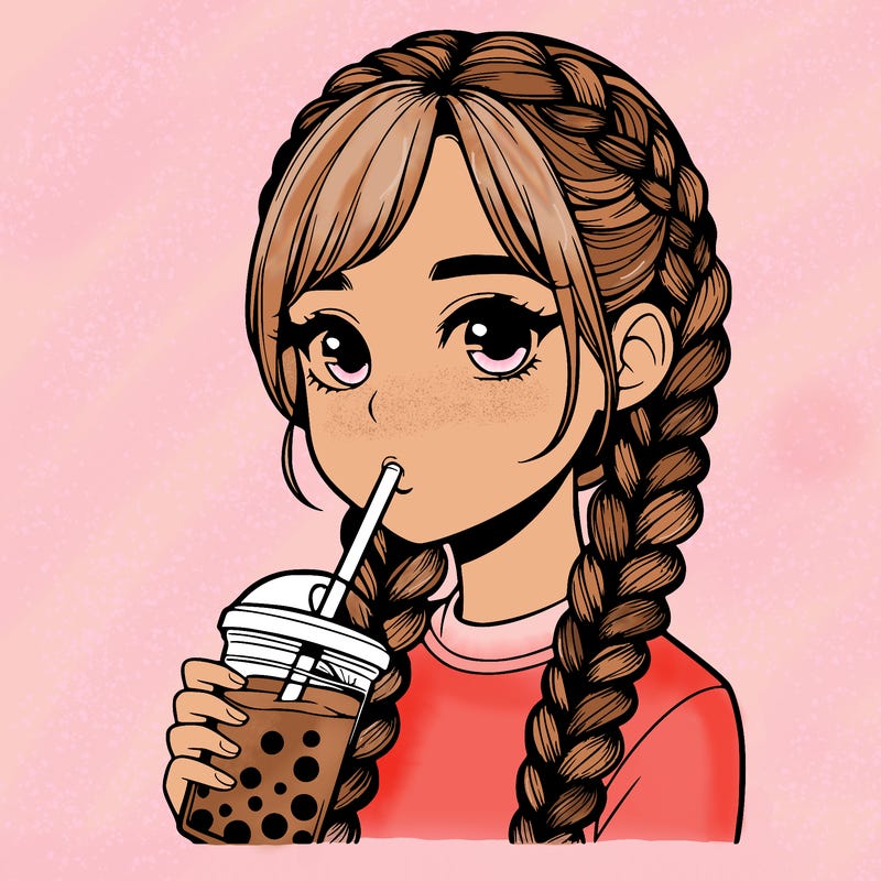realistic girl with braided hair drinking boba