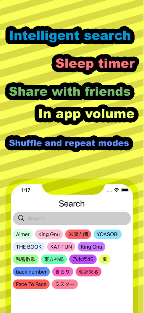Screenshot of Music FM Live app interface showing J-pop artist search tags and a list of features like sleep timer and intelligent search.