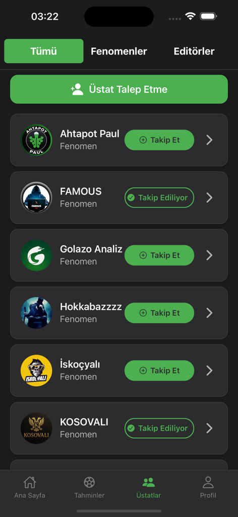 Futbol Üstatları - Tahmin - Pantalla de la aplicación móvil mostrando una lista de expertos e influencers de apuestas de fútbol para seguir