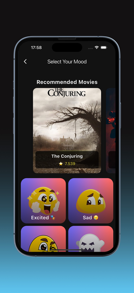 Écran d'iPhone montrant la fonction de découverte de films basée sur l'humeur de l'application Cinego avec des boutons emoji et des recommandations.