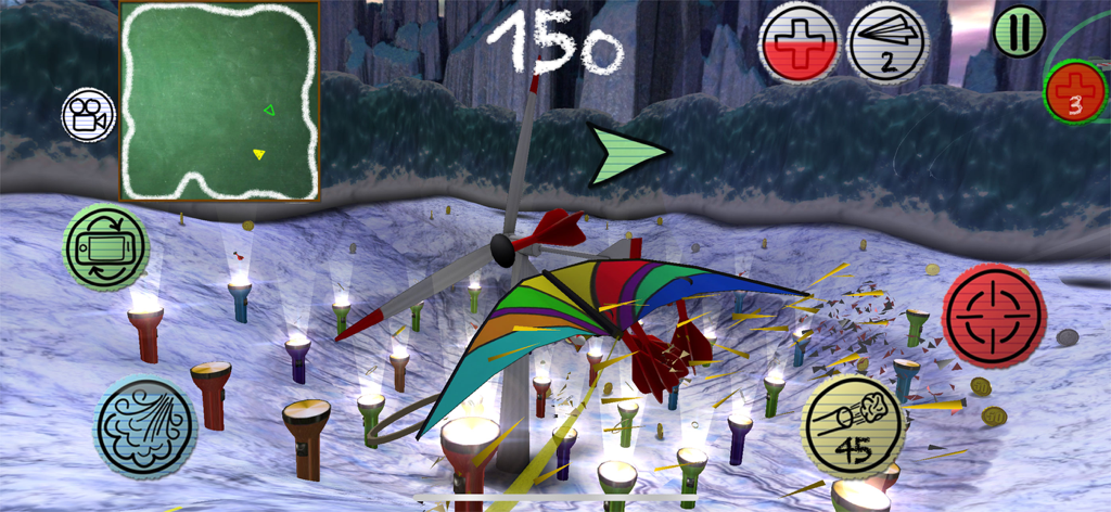 Air Wings® - Air Wingsゲーム、懐中電灯のある雪景色の上を飛ぶ虹色の紙飛行機。