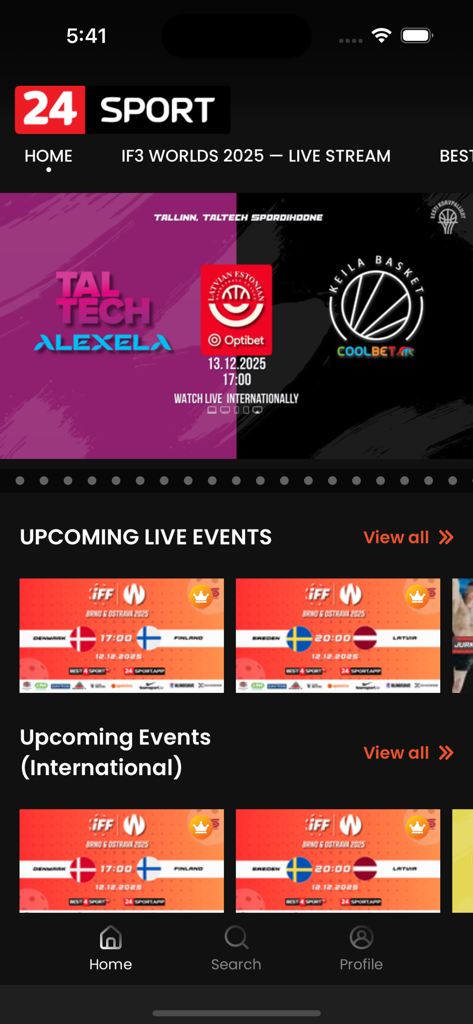 Screenshot of 24 Sport app home screen displaying upcoming live basketball and floorball events