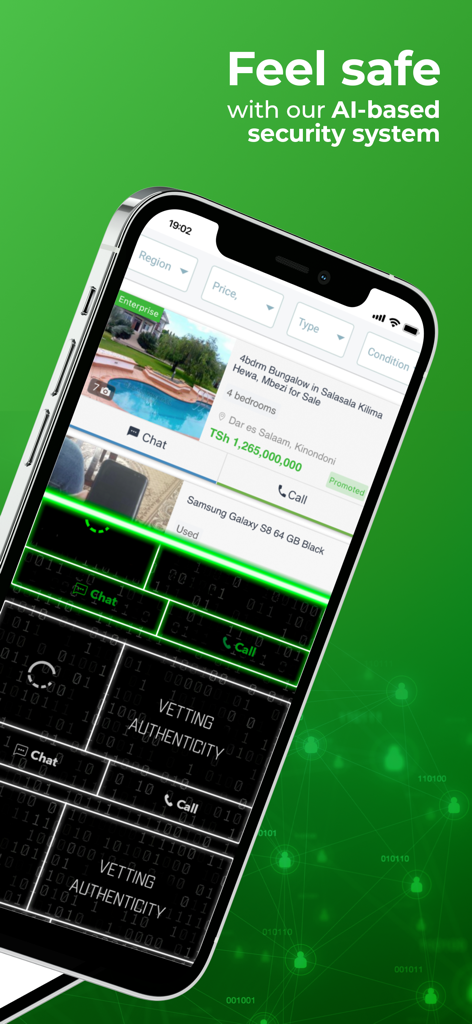 Jiji Tanzania - Mobile screen of Jiji Tanzania app highlighting AI-based security system for vetting and authenticity of listings