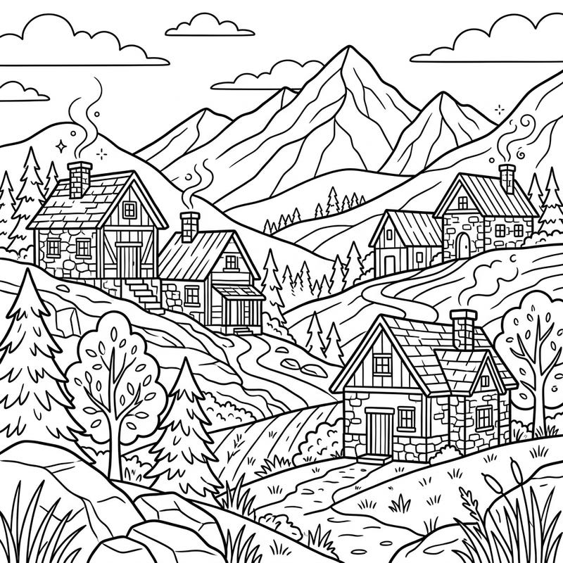 Step into a tranquil mountain retreat with this delightful coloring page, specially designed for seniors. Featuring charming cottages nestled amidst majestic peaks and lush forests, it offers a calming and engaging artistic experience.