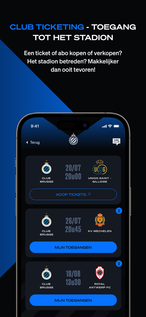 Club Brugge - Tela de ingressos do aplicativo móvel do Club Brugge mostrando uma lista de jogos futuros com opções para comprar ingressos ou visualizar passes de acesso
