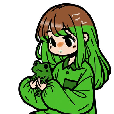 girl with long hair and a oversized shirt. and she is holding a frog