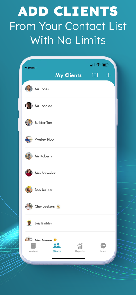 Captura de tela mostrando o recurso de gerenciamento de lista de clientes no App Criador de Faturas Simples.