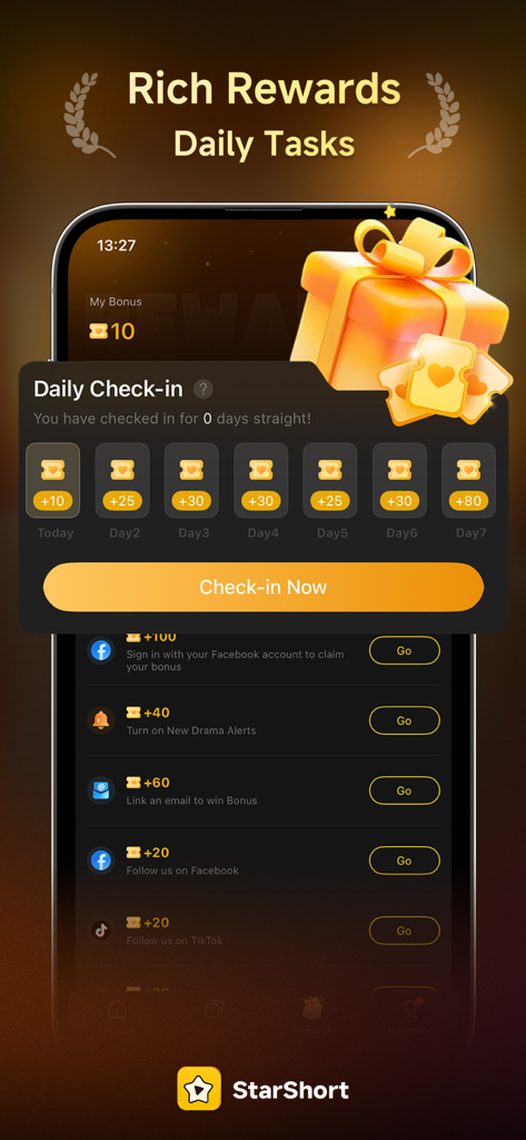 Tela do aplicativo StarShort exibindo recompensas de check-in diário e tarefas bônus.