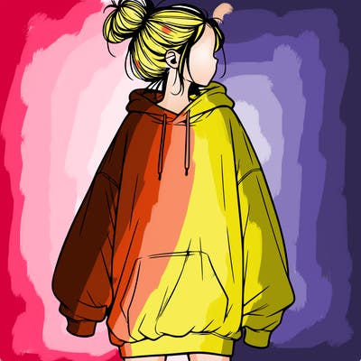 realistic girl with a oversized sweatshirt on and a bun
