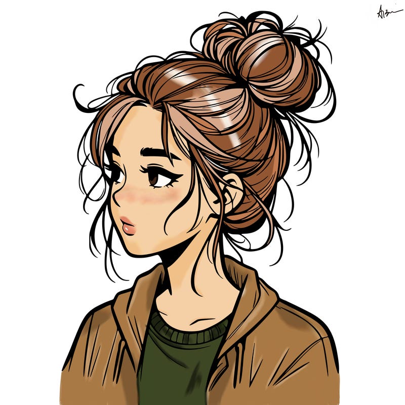 realistic teenage girl with a messy bun