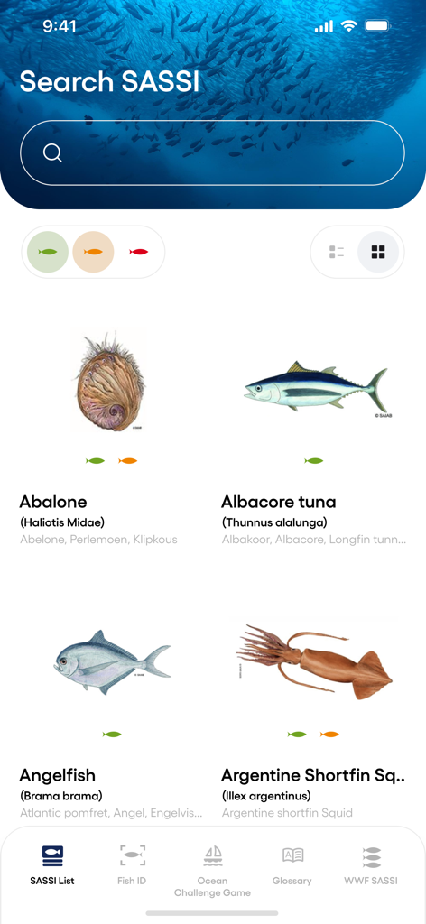 Guía de sostenibilidad de mariscos con calificaciones verde, naranja y roja en la aplicación WWF SASSI