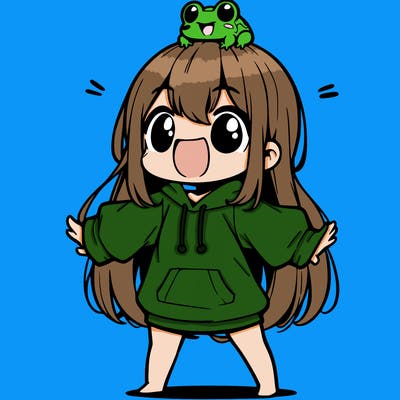 a excited chibi girl whith long hair and a baggy shirt whith a frog on there head