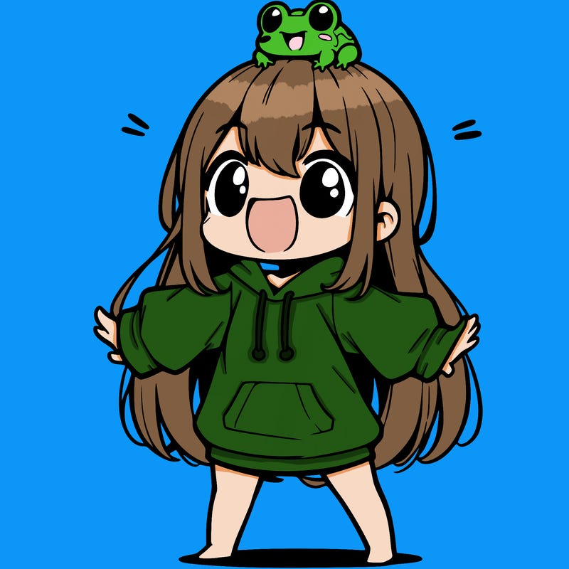 a excited chibi girl whith long hair and a baggy shirt whith a frog on there head