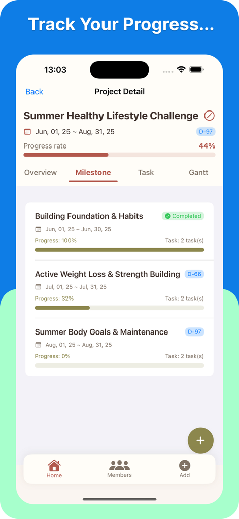 Project RoadMap - Bildschirm zur Nachverfolgung von Meilensteinen in der Project RoadMap App, der Fortschrittsbalken für Projektziele anzeigt.