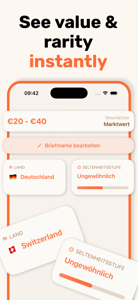 Stamp identifier - StampSnap - StampSnap app screen displaying the estimated market value and rarity level for an identified stamp.