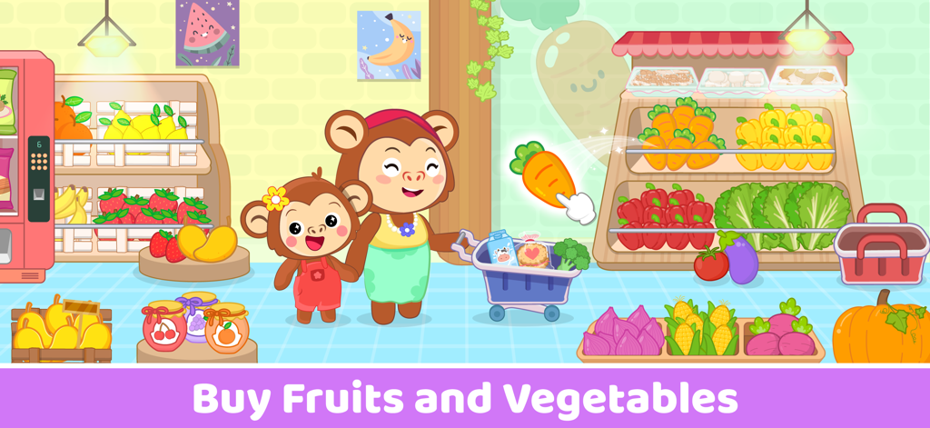 Supermarket Game Kids Shopping - Una colorida escena de supermercado donde personajes monos compran frutas y verduras en un juego de compras para niños