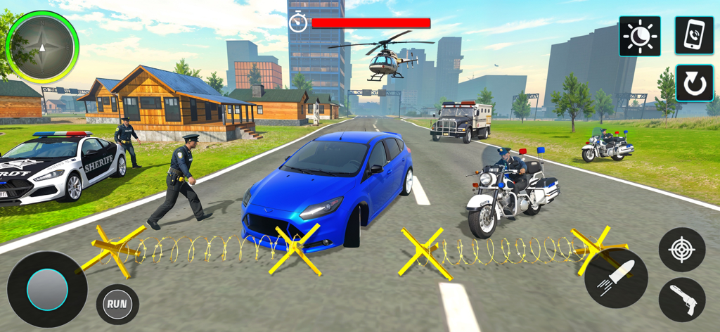 Police Duty Cop Simulator Game - Police officers and a helicopter stopping a blue car at a roadblock in a city simulator game.