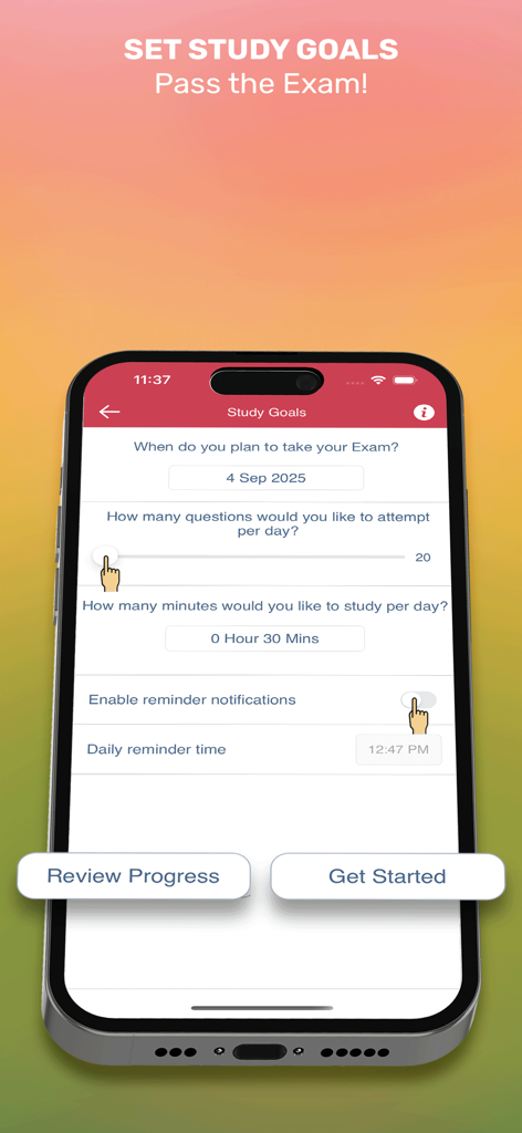 First Aid Q&A USMLE Step 2 CK - Pantalla de objetivos de estudio de la aplicación Primeros Auxilios Preguntas y Respuestas USMLE Paso 2 CK que muestra la fecha del examen y la configuración del plan de estudio