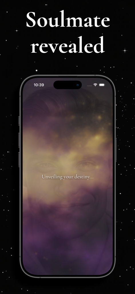 Fated Amora: Soulmate Drawing - Ein Smartphone, das ein mystisches kosmisches Seelenverwandten-Porträt zeigt, das sich vor einem sternenklaren Hintergrund offenbart